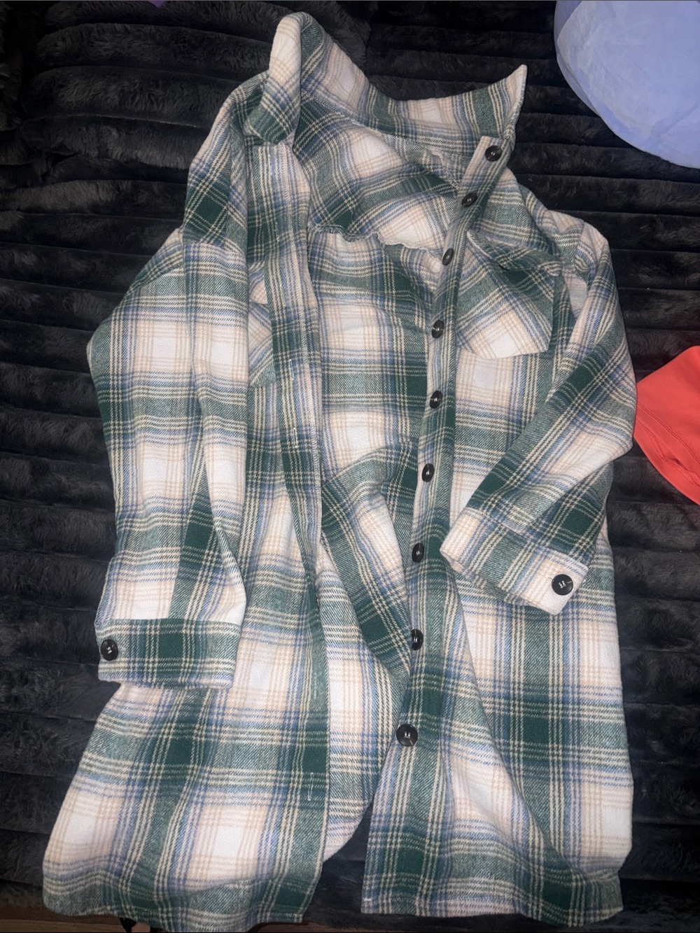Green and White Plaid Button-Up pull over